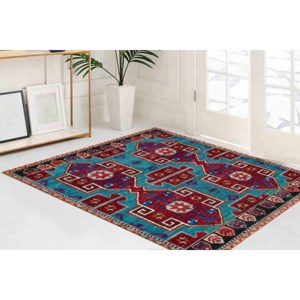 Red Geometric <b>Rug</b>: Turkish Persian Design, Soft Accent <b>Rug</b>,<b>Chenille</b> <b>Rug</b> - Product Image 2