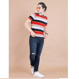 Trendy <b>Red</b> Half Sleeve T-<b>Shirt</b> with Stripe for <b>Polo</b> Neck 100% Cotton Comfortable Casual Wear for Every Occasion Best Quality - Product Image 1