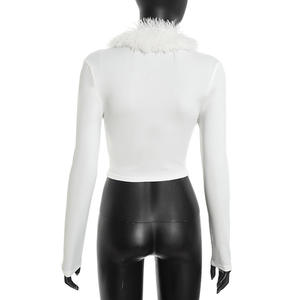 Fashion Woven Casual Plain Dyed Stretch Fur Collar Deep <b>V</b>-<b>Neck</b> Slim Fit Long Sleeve Crop <b>Top</b> T-shirt - Product Image 6