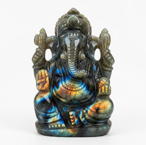 รูปปั้นพระพิฆเนศแกะสลักด้วยมือของขวัญทางธุรกิจพร้อมงานฝีมืออัญมณีกึ่งมีค่าสไตล์ลาบราดอไรต์แกะสลักทำในอินเดีย - Product Image 1