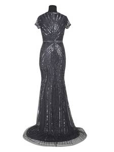 Sobre dames confortable robe de cocktail de soirée en maille poly noir brodé perles mi-longues perles pleine longueur demi-manches - Product Image 4