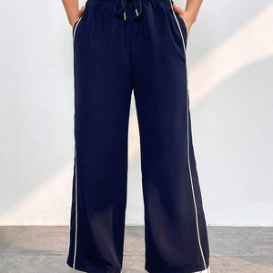Pantalon cargo bleu marine pour femme, taille haute, coupe ample, longueur intégrale, style workwear, devant uni, en tissu polaire, pour l'hiver - Product Image 3