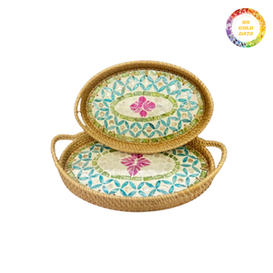 Bandeja de servicio de ratán de lujo con Incrustaciones de nácar brillante-Bandeja decorativa hecha a mano para exhibición de mesa - Product Image 5