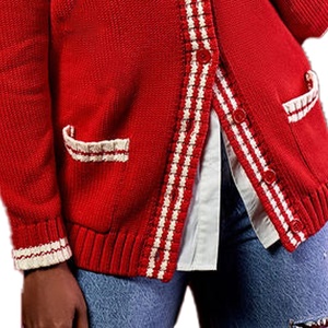 Cardigan en tricot brodé classique DST, col en V, manches longues, rouge et blanc contrastés, fermeture boutonnée sur toute la longueur, coupe classique - Product Image 6