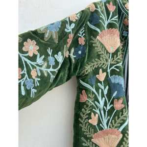 Handmade Reversible Velvet Suzani <b>Jacket</b> Quilted Bohemian Outerwear with Varsity Style Autumn Short <b>Blazer</b> in Suede <b>Leather</b> - Product Image 2