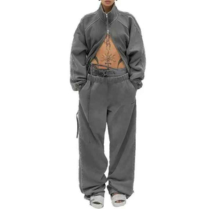 Survêtement unisexe gris, coupe ample, col montant, fermeture à cordon, poches latérales, style streetwear, pour l'automne - Product Image 6