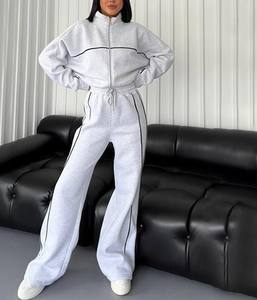 Custom Women Cropped <b>Zip</b> up <b>Sweatshirt</b> Pants Two Pieces Set Tracksuit for Women Drop Shoulder Sweatsuit Set With Strip - Product Image 2