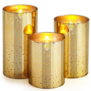 Pilier réaliste en verre doré sans flamme à piles LED 4 "5" 6 "x 3" Set 3 tasses de bougies avec flamme mobile et télécommande pour la maison