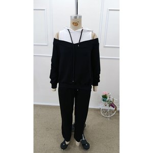 Women'<b>s</b> Long-Sleeved Off-Shoulder Hooded Drawstring Two-Tone Viscose Two-Thread <b>Blouse</b> <b>and</b> Pants Two-Piece Set, 32170 - Black - Product Image 6