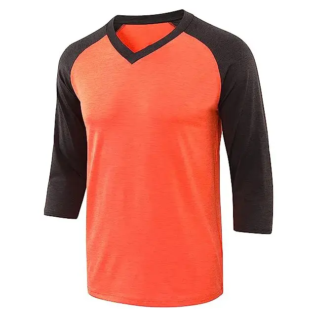 Camiseta informal de 2 tonos con logotipo personalizado para hombre, camisetas de béisbol para correr activas con cuello en V y manga 3/4