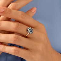 14k or massif naturel laboratoire cultivé saphir diamant forme florale grand cocktail profond bleu marine pierre gemme déclaration bague de naissance