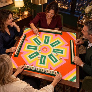 غطاء طاولة مربع الشكل من Lucky Tiles American Mahjong Mat بتصميم هندسي باللون البرتقالي والوردي والأصفر والأخضر لسهرات الألعاب، إكسسوار للطاولة - Product Image 3