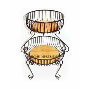 Newly Arrival Long Wooden Stand With High Grade Gold Plated Fancy Unique Metal <b>Wire</b> Made 2 Tier Fruit and Bread <b>Storage</b> <b>Baskets</b> - Product Image 3