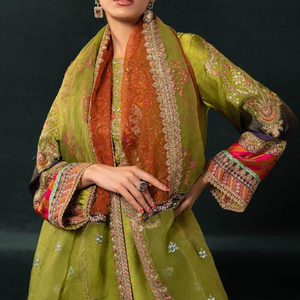 Robe pakistanaise 3 pièces en soie brodée pour femme pantalon évasé et organza Dupatta avec Shalwar Kameez pour les fêtes 4 saisons - Product Image 6