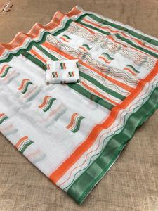 ผ้าส่าหรีลินินพิเศษสำหรับวันประกาศอิสรภาพ พร้อมลายปักดิ้นเงิน สำหรับผู้หญิง มีสินค้าในสต็อก ผลิตในอินเดีย - Product Image 4