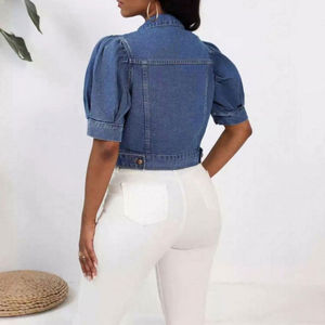 Veste en jean courte moderne pour femmes, manches bouffantes, boutonnée sur le devant, décontractée, tendance, style urbain, manches courtes, pour tous les jours - Product Image 5