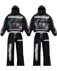 Oversized Vintage Acid Wash Full Cotton Tracksuit Set Featuring Custom DTG <b>Hoodie</b> and Flared Sweatpants for American Streetwear - Product Image 5