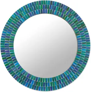 Mosaico de vidro e madeira montado na parede, espelho azul com camadas verdes do oceano, feita na índia por adiba home decor