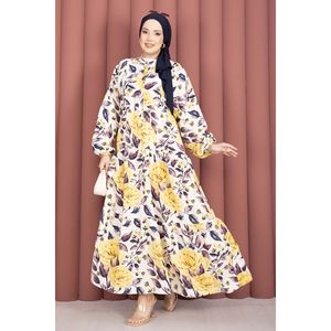 Vestido Casual de Viscosa Amarillo con Medio Botón, Estampado Transpirable, Cuello Mandarín, Largo hasta la Rodilla, ODM para Salidas Casuales de Día y Noche - Product Image 3