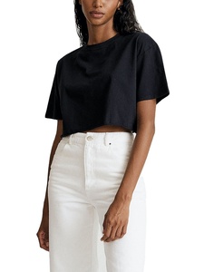 Sólido/Plaid teñido mujeres Crop Top camisetas de manga corta ligero Drop Shoulder algodón cuello redondo personalizable colores y tamaños - Product Image 4