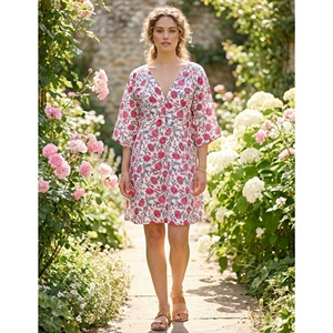 Robes décontractées pour femmes, personnalisées, en coton tissé 100%, col en V, manches 3/4, imprimées, coupe trapèze, taille naturelle, écologiques, lavables - Product Image 1