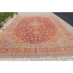 Alfombra turca vintage extragrande de 11.2x16.7 pies (341x510 cm), alfombra con motivos de plantas y árboles rojos - Product Image 1