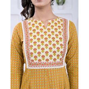 Vestido Anarkali Amarillo de Algodón con Estampado de Bloques, Estilo Pakistaní, Ropa Étnica India con Salwar Kameez - Product Image 2