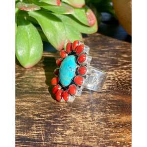Southwest Handmade Kingman Turquoise & Coral Sterling Silver <b>Adjustable</b> <b>Ring</b> Bezel Set Gift - Product Image 3