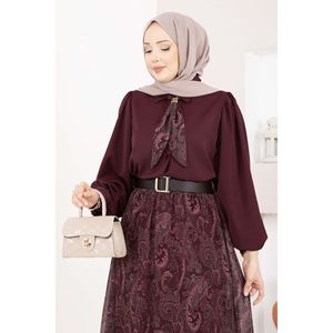 Conjunto Formal Otoñal para Mujer, Camisa de Manga Larga con Estampado Borgoña y Falda de Gasa con Cinturón - Product Image 2