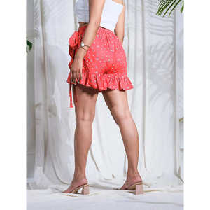 Red Floral Wrap Skort <b>Elastic</b> Waistband Adjustable Side Tie Breathable Fabric High-<b>Waisted</b> Design Layered Ruffles for Casual - Product Image 5