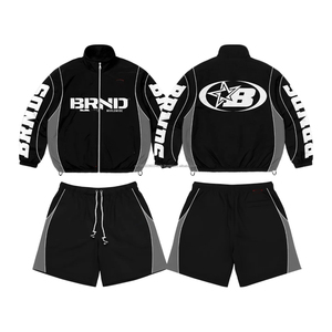 ชุดวินด์เบรกเกอร์ออกแบบโลโก้เองสำหรับผู้ชาย ชุดเซ็ตเสื้อฮู้ดและกางเกงขาสั้น ผ้าไนลอนโพลีเอสเตอร์ ลายเรียบ มีฮู้ดสำหรับฤดูหนาว - Product Image 2