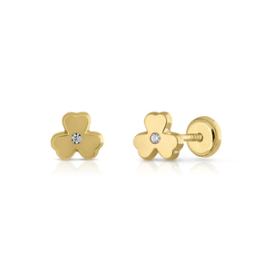 9K Solid Gold Clover Stud <b>Earrings</b> With Round zirconia (Available in 10K, 14K, 18K) Women kids Ear Clip Screw <b>back</b> made in Spain - Product Image 1
