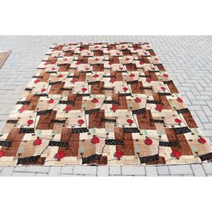 6.8x9.4 ft Rug, Vintage Turkish Rug, <b>Brown</b> Abstract <b>Wool</b> Rug - Product Image 1
