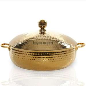 Cazuela y olla de diseño hecha a mano de acero inoxidable con mango dorado y calentadores de comida para el hogar y hoteles pulidos brillantes - Product Image 3