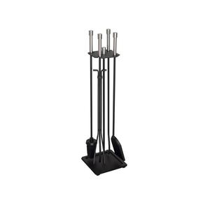 Decorative <b>fire</b> <b>tools</b> set in black iron with sculpted texture and heavy base perfect for classic living room hearths - Product Image 1