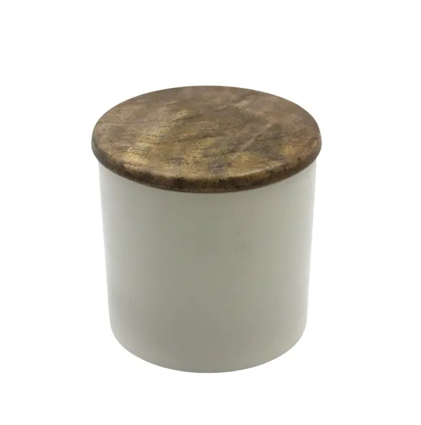 Grosir penyimpanan dapur besi kotak bulat dengan tutup kayu kopi timbul putih dan warna alami kotak logam ukuran besar dalam jumlah besar
