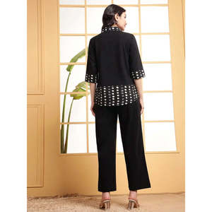 Deebaco Women's Black Cotton Co-Ord Set Polka Dot Panel V Neck <b>Top</b> With Wide Leg Pants Casual Spring Summer Outfits - Product Image 4