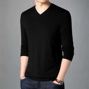 Camisas lisas de gran tamaño para hombre, novedad de 2023, Camiseta con cuello en V, camisetas de seda de manga larga, ropa informal sólida, camisetas básicas de Jersey - Product Image 4