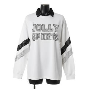 Maillot de rugby pour femme en coton premium GSM et mélange de polyester, blanc, noir, gris, avec empiècements aux manches et logo en strass. Maillot de rugby pour femme en coton. - Product Image 1