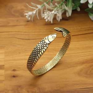 Fish Design Bangle for Women Bohemian Statement Cuff <b>Bracelets</b> Ocean Inspired Adjustable Antique Silver golden. - Product Image 2