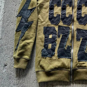 Sweat-shirts à capuche zippés oversize pour hommes, style streetwear, effet vieilli, brodés, 100% coton, basiques personnalisables, unis, avec poche, pour l'hiver, en gros - Product Image 3