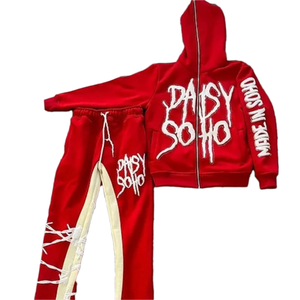 OEM Vintage Acid Washed Cotton Thick <b>Zip</b> up Applique Embroidery Patch Flared Full Tracksuits Mens Hoodies Sweatshirt Jogger Sets - Product Image 4