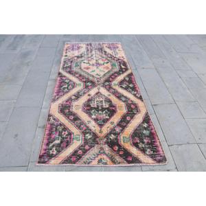 Turkish Vintage Area <b>Rug</b> 3.5x7.6 ft, <b>Black</b> Pink Striped Wool <b>Rug</b> - Product Image 1