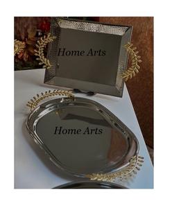 Ensemble de 3 plateaux de service en aluminium couleur argent pour le thé et le café de différentes tailles avec poignée en forme de fleur - Product Image 5