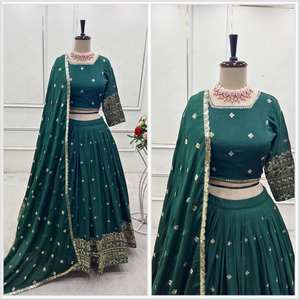Ensemble ethnique indien pakistanais Georgette Lehenga Choli Dupatta tissu de soie d'art de broderie de séquence lourde pour des occasions de fête indienne - Product Image 1