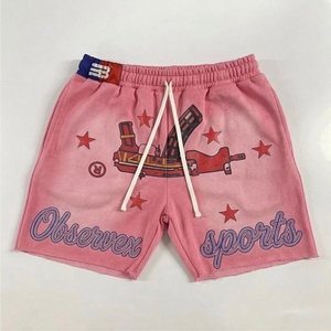 Shorts unisexes OBSERVEX SPORTS personnalisés en molleton 100 % coton, délavés à l'acide, style hip-hop, avec patch brodé et imprimé, pour le sport - Product Image 3