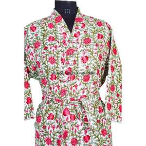 Chaqueta Kimono Kantha Acolchada Tejida a Mano, Bata Larga de Algodón Orgánico Indio, Diseño Floral, Transpirable, para Primavera y Otoño - Product Image 4