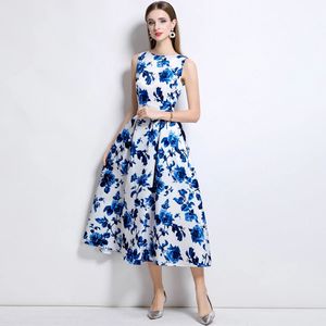 Robe d'été romantique <span class=keywords><strong>sans</strong></span> manches à taille haute, jupe mi-longue de style socialite, coupe trapèze avec une couture tissée tridimensionnelle - Product Image 2