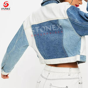 Custom Brand <b>Cropped</b> Color Block <b>Jean</b> Jacket <b>Women</b> Ladies Casual Denim Tops Contrast Patchwork XL Size Cotton Filled Wholesale - Product Image 5