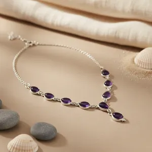 Collier tendance pour femme en argent 925 avec améthyste en forme de larme, plaqué rhodium, avec cœur et perle, bijoux cadeau bouddhiste et chrétien - Product Image 1